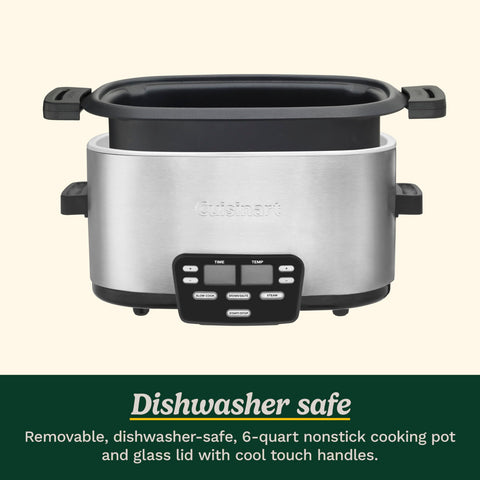 Cuisinart Cook Central facilita la limpieza: olla y rejilla aptas para lavavajillas.