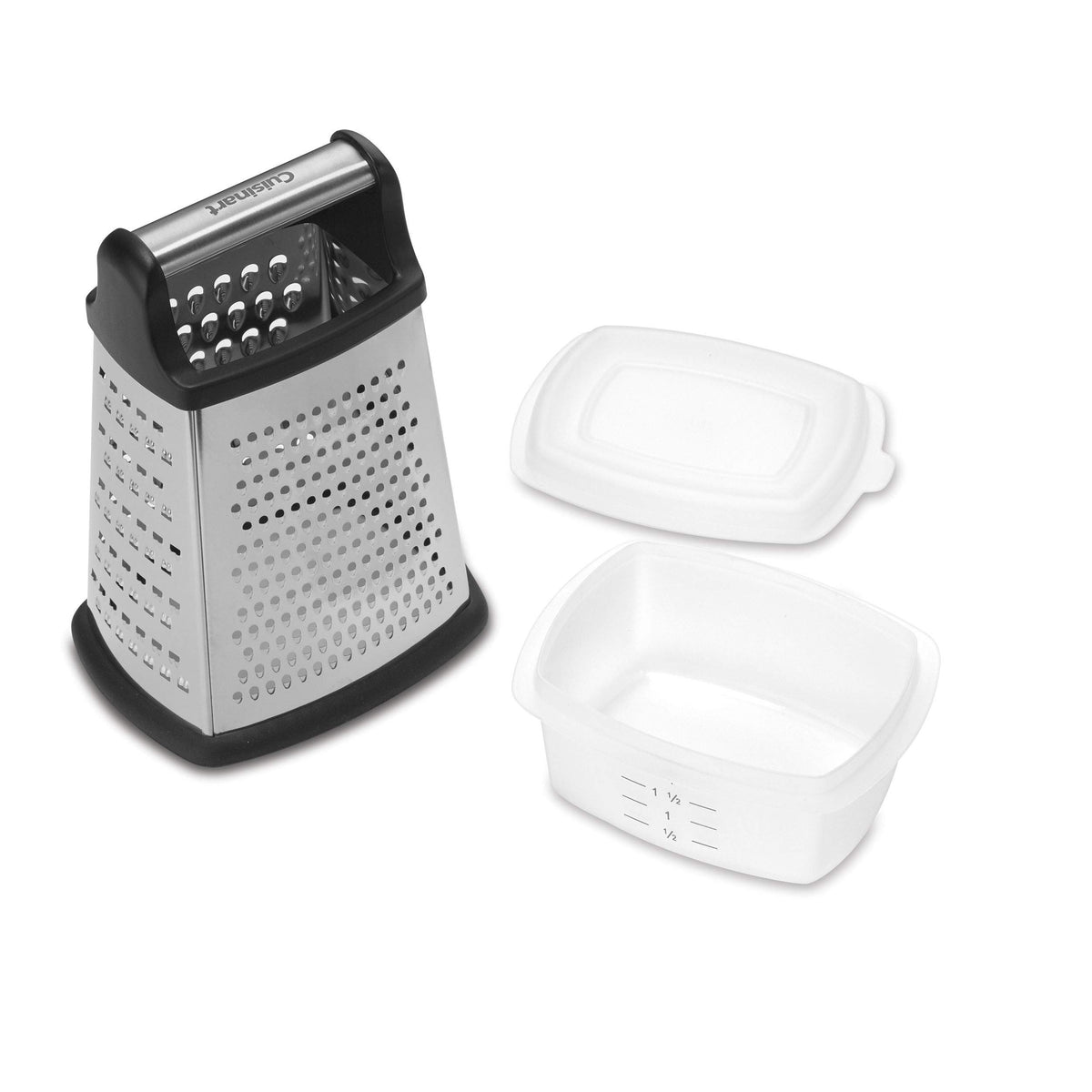 Rallador Cuisinart CTG-00-BGS visto de frente con caja de almacenamiento para rallados frescos.