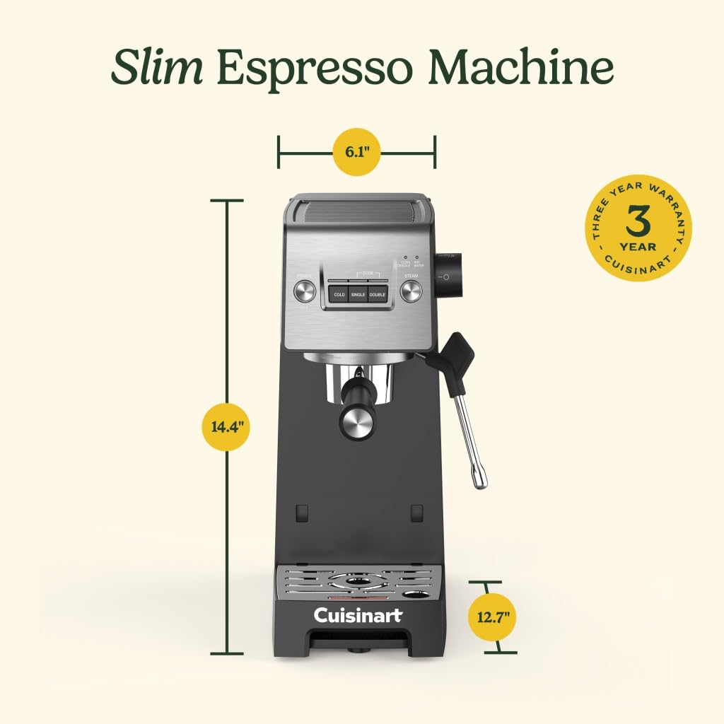Diseño compacto de la Cuisinart Espresso Bar Slim en acero inoxidable.