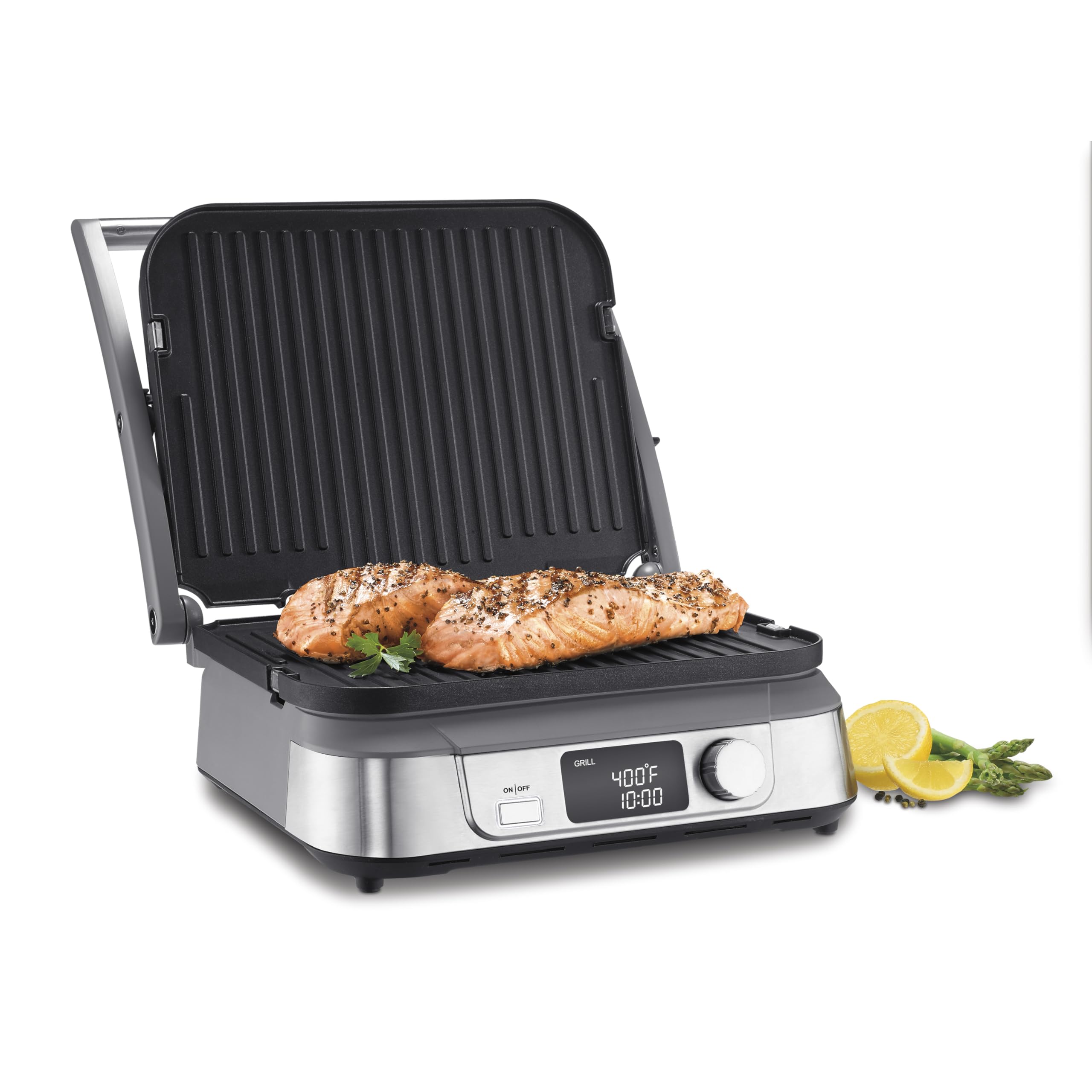 Cuisinart Griddler 5-en-1 con tapa flotante, diseño moderno para cocinar de forma uniforme.
