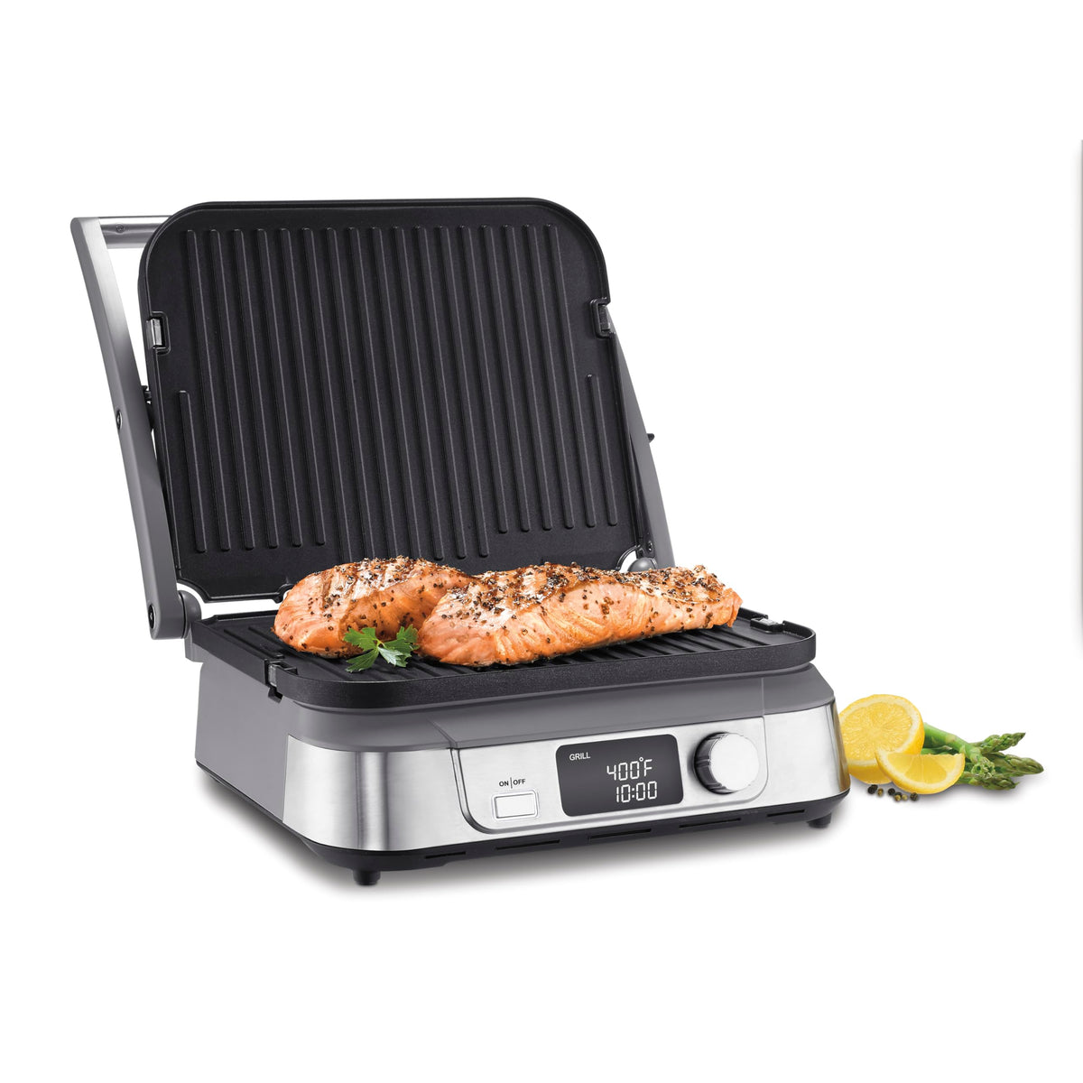 Cuisinart Griddler 5-en-1 con tapa flotante, diseño moderno para cocinar de forma uniforme.