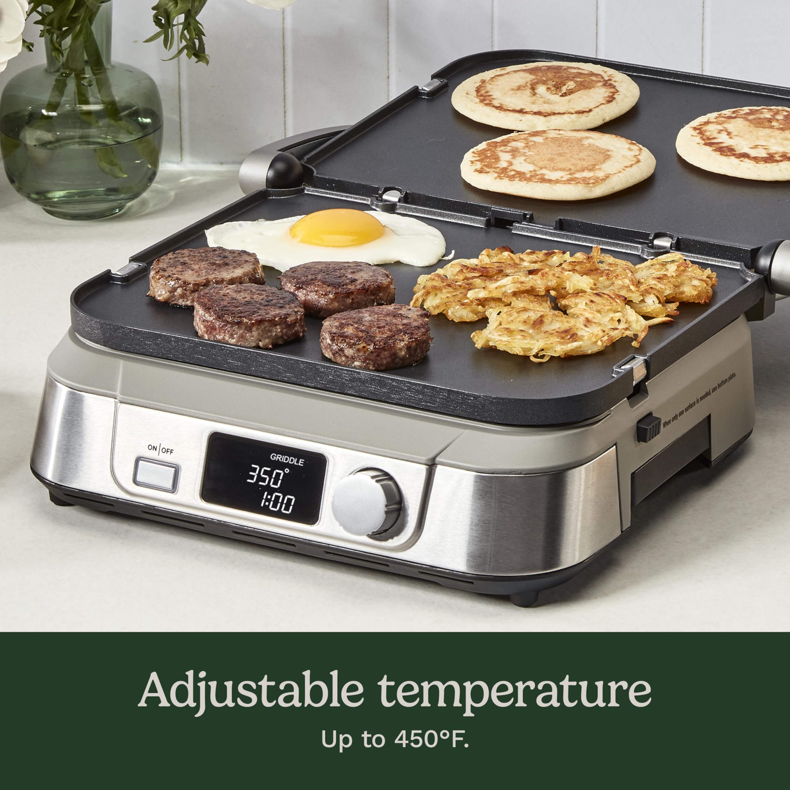 Cuisinart Griddler 5-en-1 con placas antiadherentes removibles para limpieza rápida.