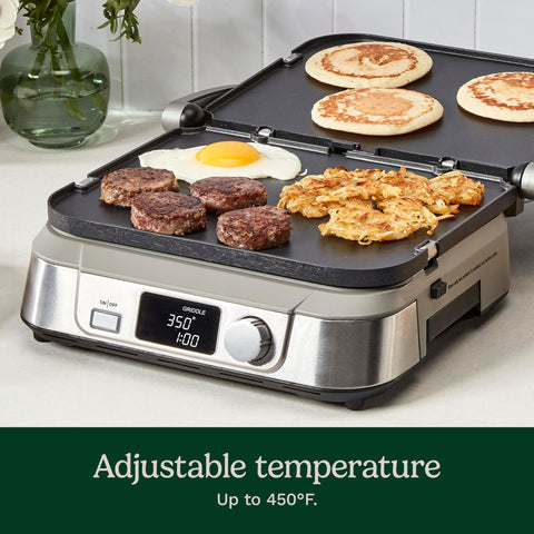Cuisinart Griddler 5-en-1 con placas antiadherentes removibles para limpieza rápida.