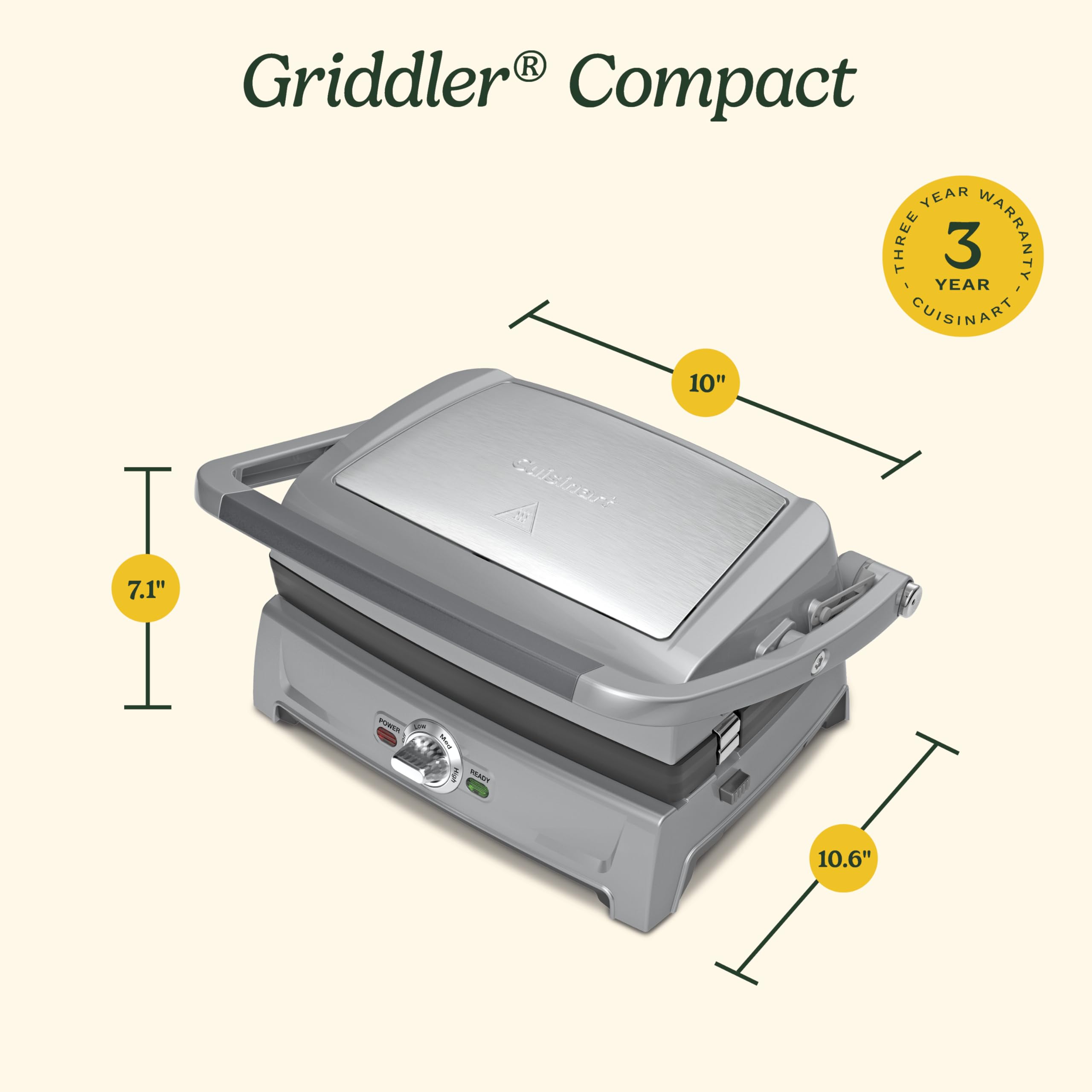 Cuisinart Griddler Compact – bandeja recogegrasas removible para limpieza fácil.