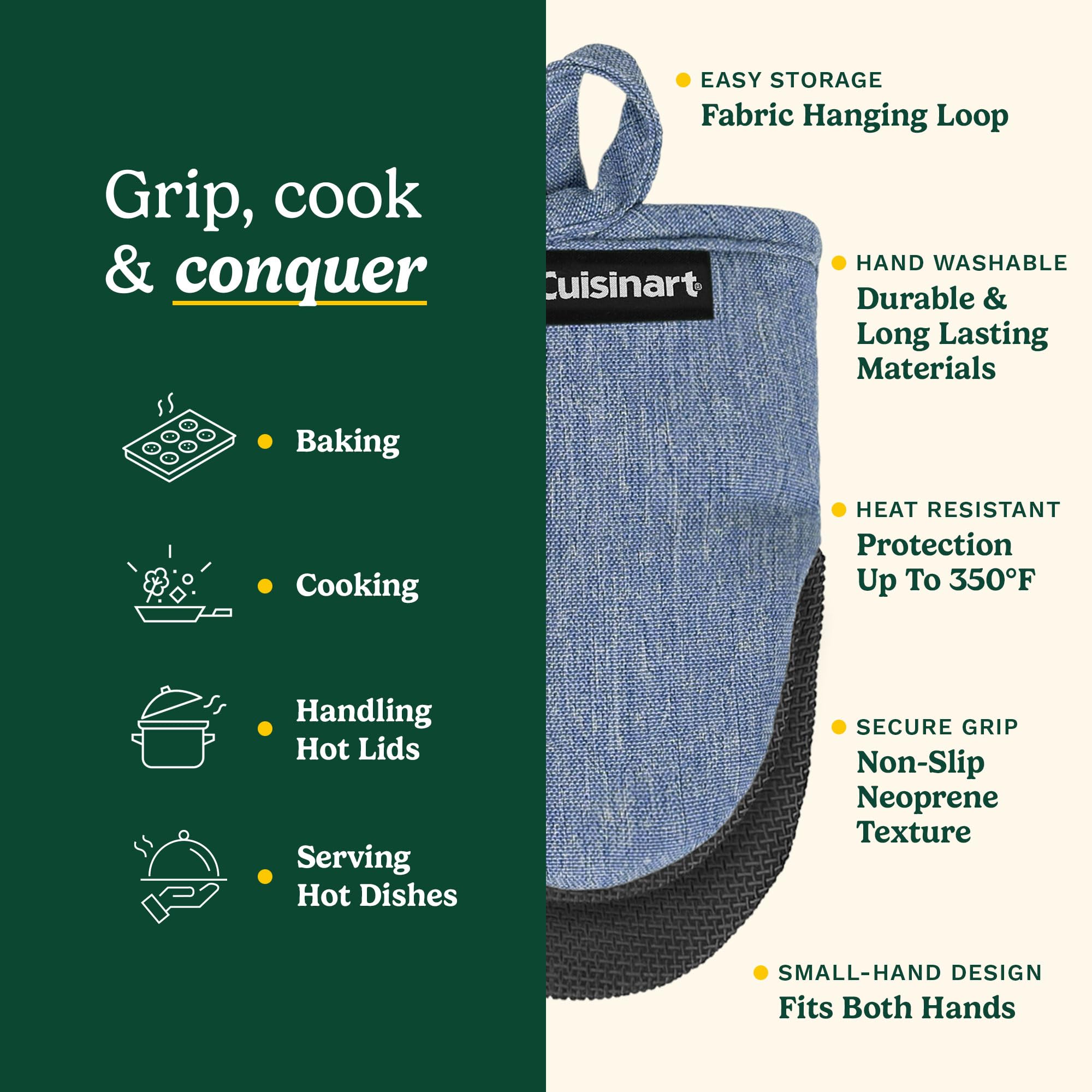 Guantes en tono Chambray de Cuisinart, prácticos y resistentes.