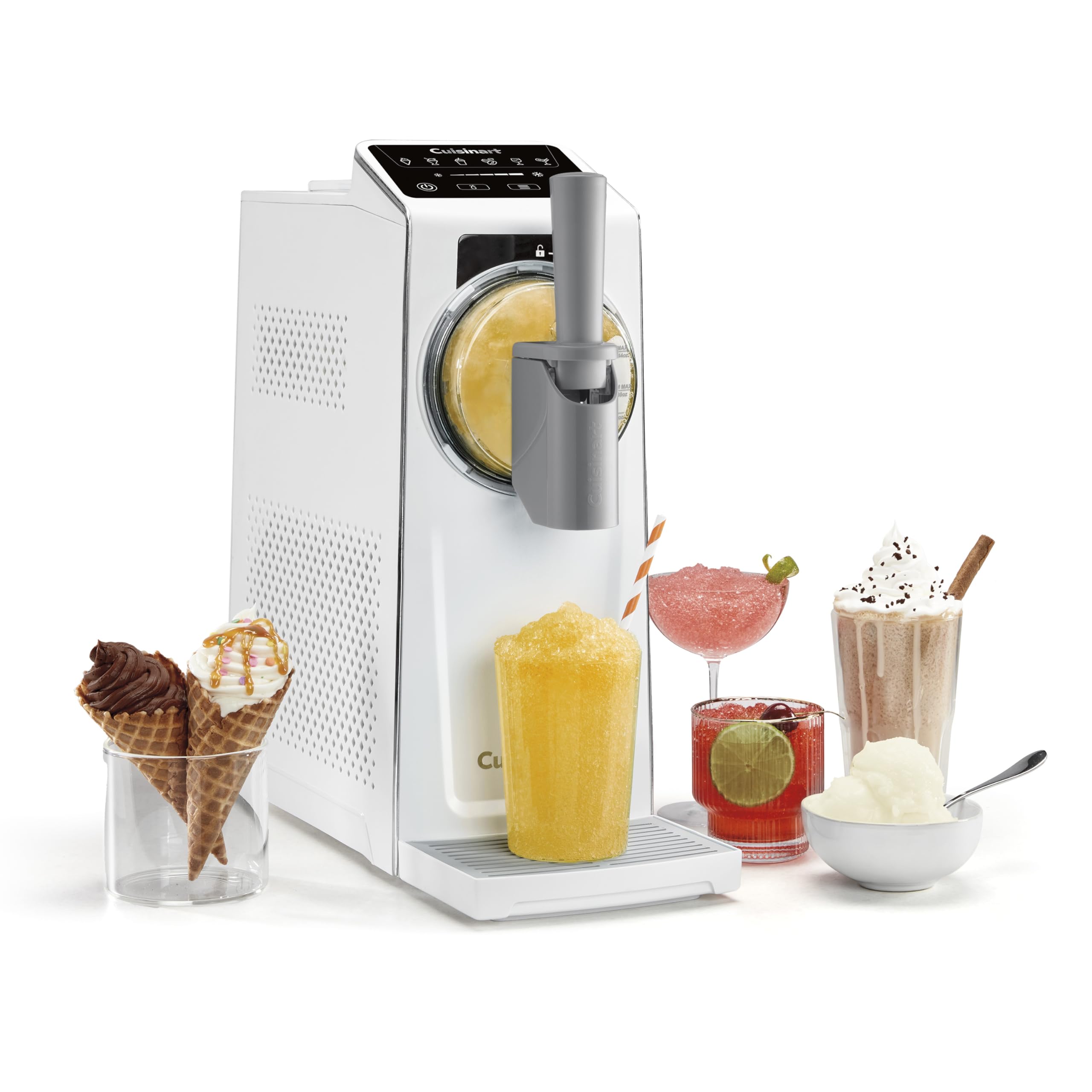 Cuisinart ICE-200 en acción mostrando seis programas para bebidas y postres en casa.