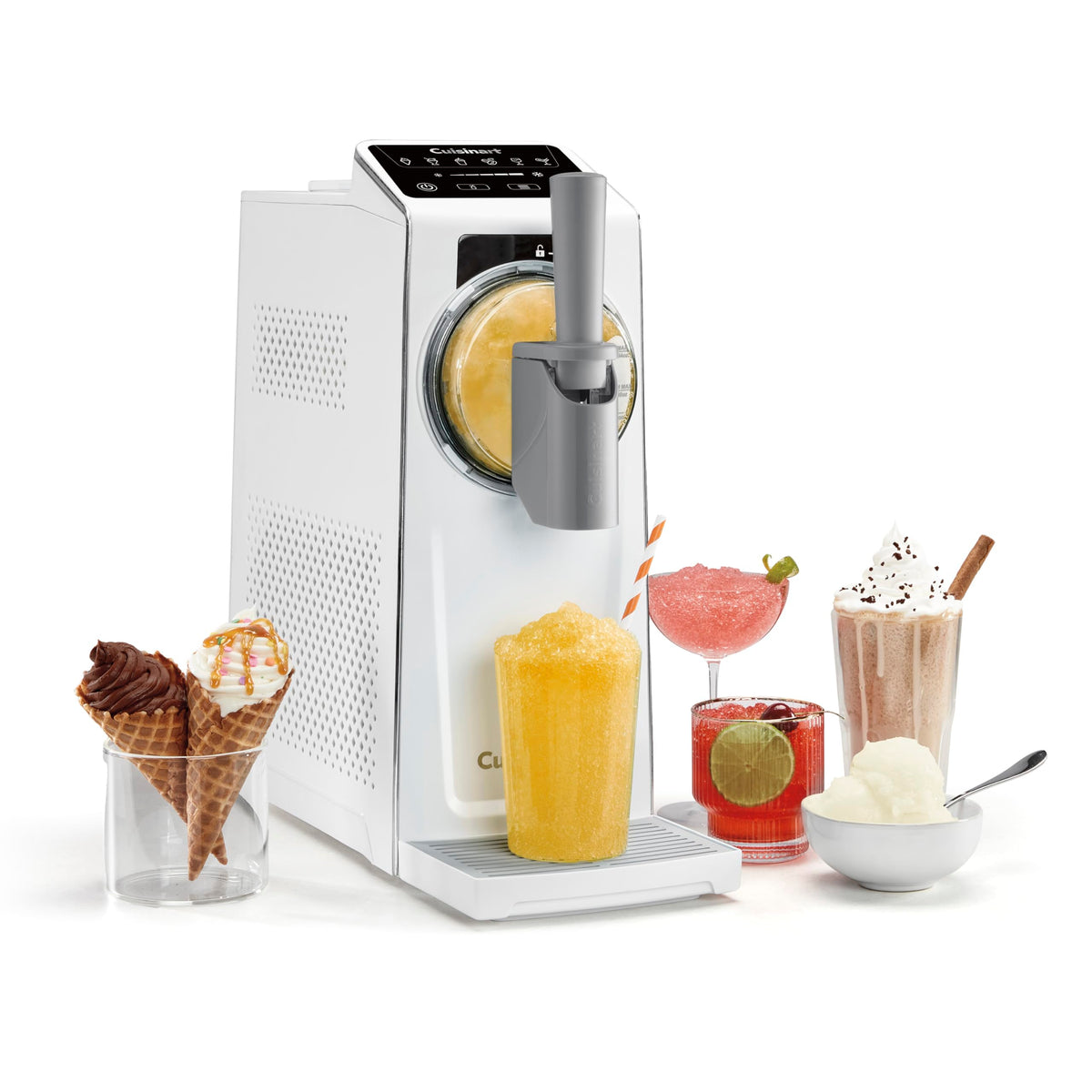 Cuisinart ICE-200 en acción mostrando seis programas para bebidas y postres en casa.