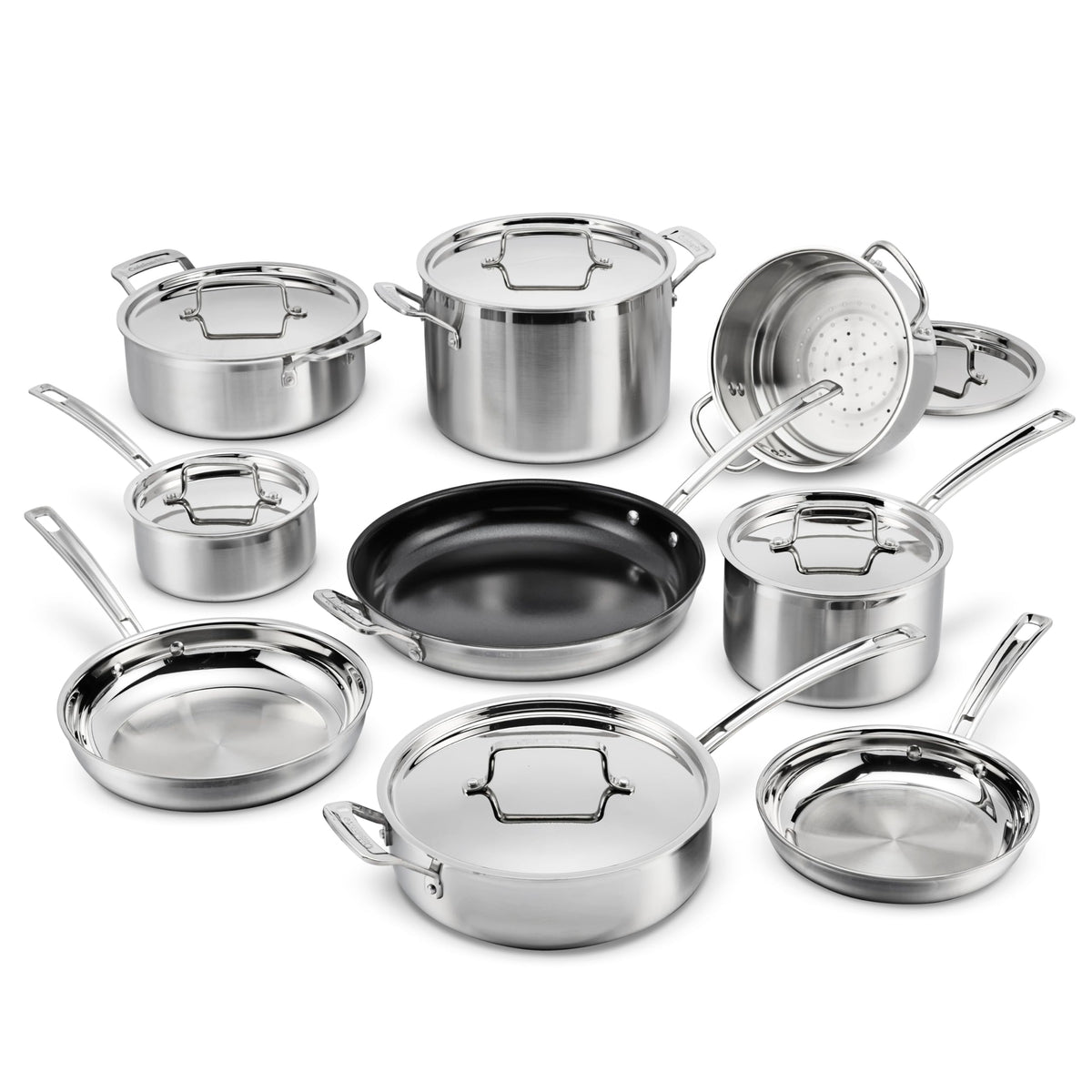 Conjunto Cuisinart Multiclad Pro de 15 piezas, acabado cepillado para cocina profesional.