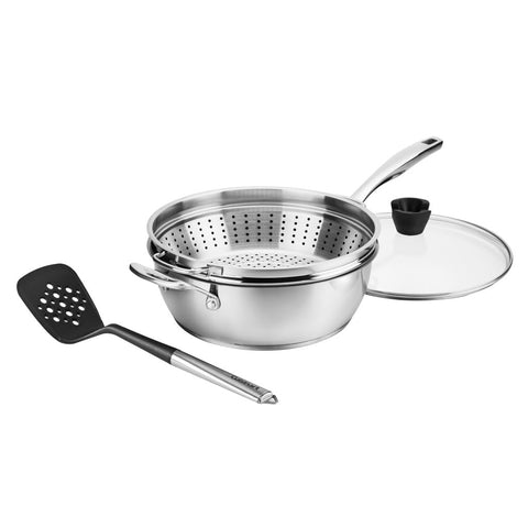 Cuisinart Pan Preferido 4P conjunto con espátula ranurada, facilita dar vuelta sin pegar.