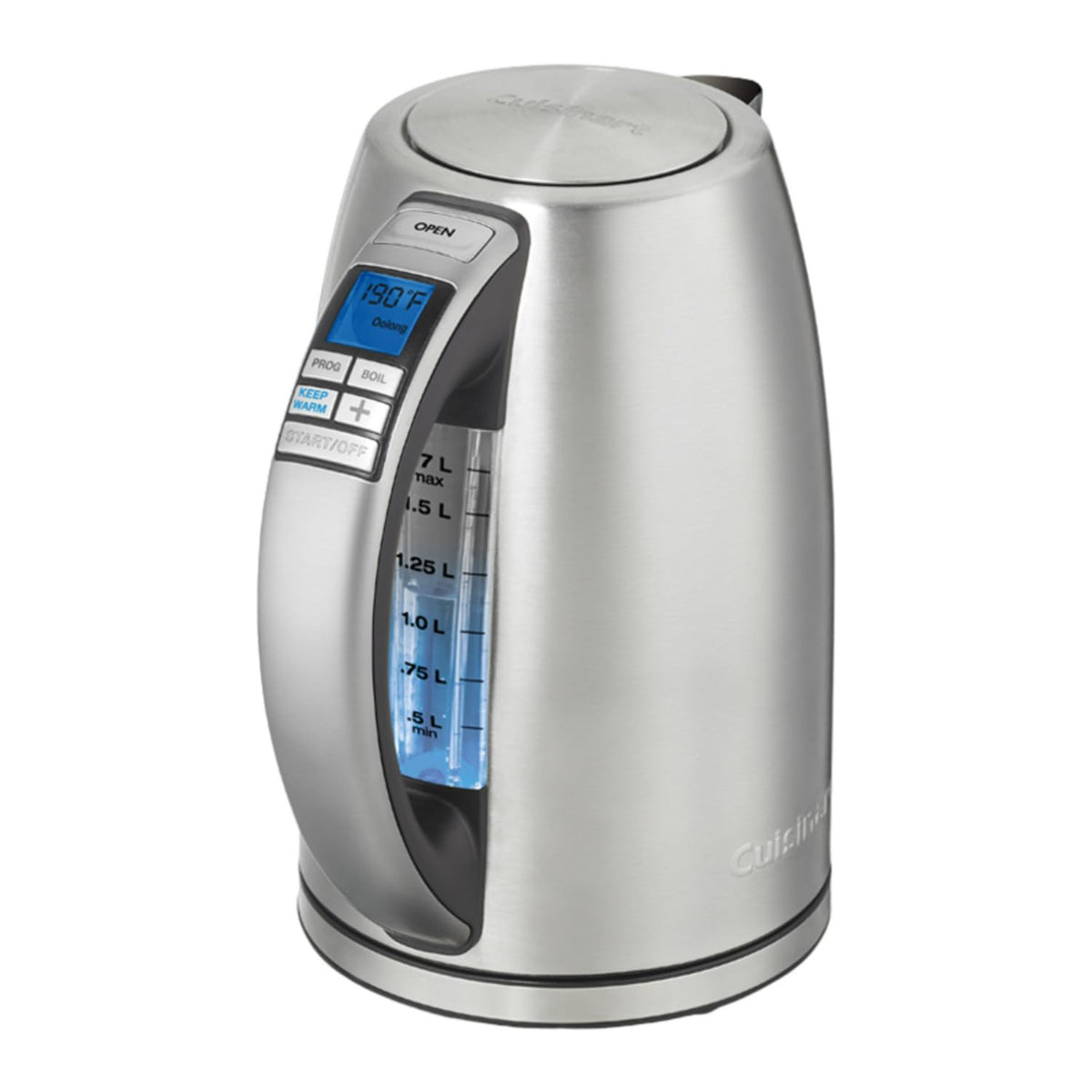 Cuisinart PerfecTemp, tetera-inalambrica, vista frontal con base estable y manejo cómodo.