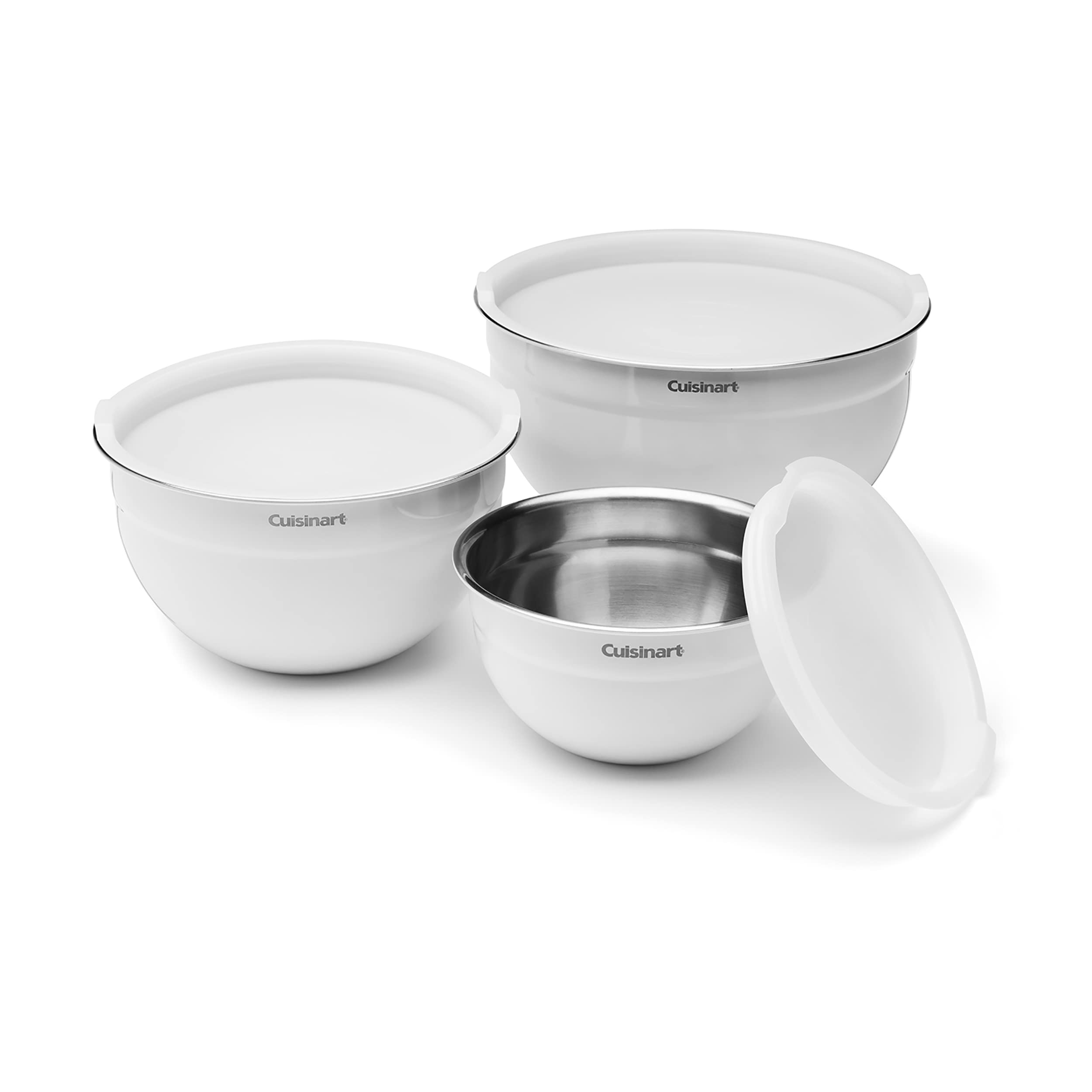 Tazón blanco Cuisinart 1.5 qt con tapa, ideal para almacenar sobras.