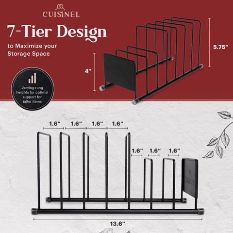 Estante para cocina Cuisinel negro mate, cabe en mostrador y guarda tablas y cubiertas.