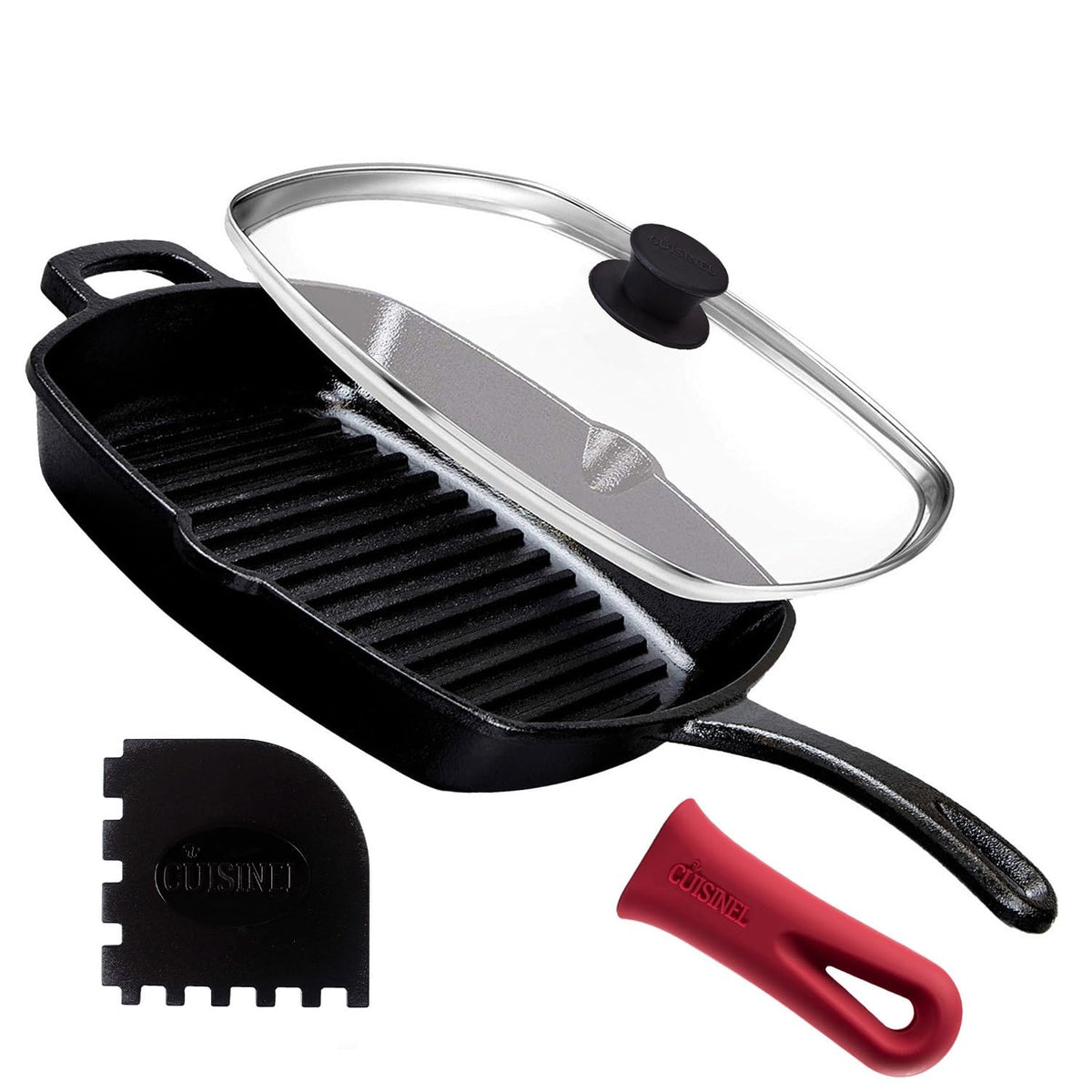 Sartén Cuisinel de hierro forjado con superficie acanalada para dorar y marcar a la parrilla.