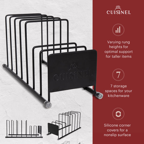 Organizador de ollas y tapas Cuisinel, ideal para ordenar vajilla en la cocina.