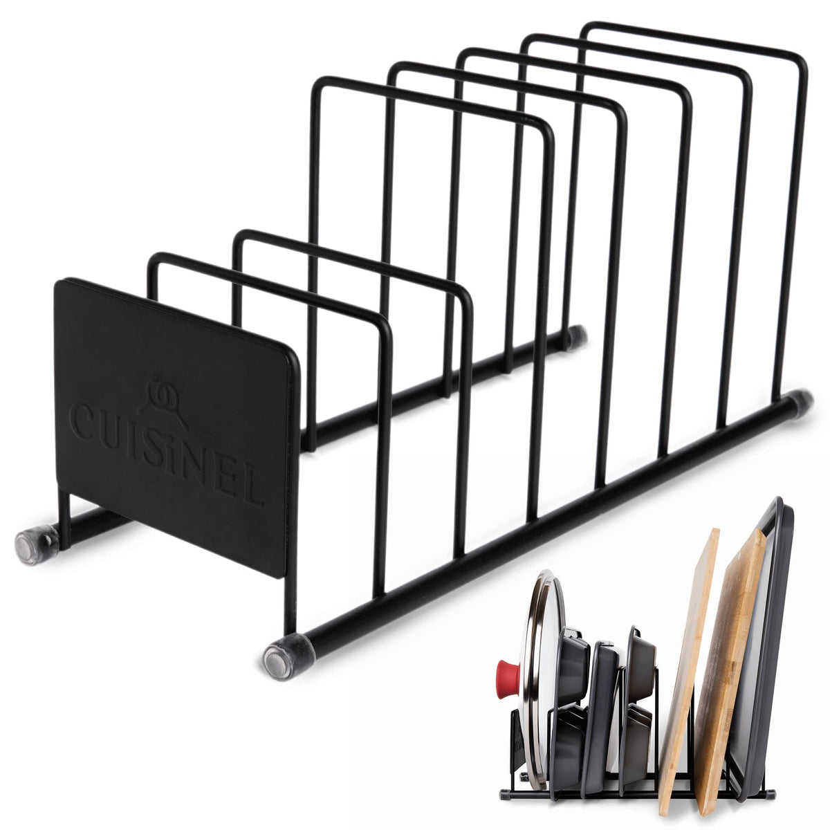 Organizador de tapas Cuisinel negro mate, ahorra espacio y mantiene tapas ordenadas.