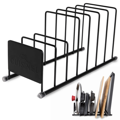 Organizador de tapas Cuisinel negro mate, ahorra espacio y mantiene tapas ordenadas.