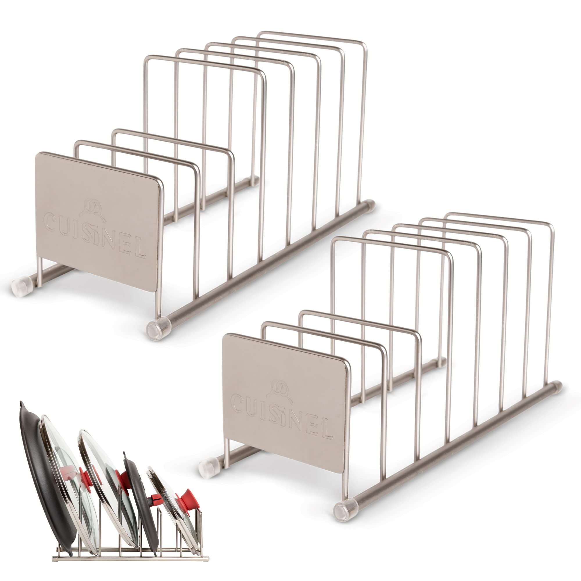 Cuisinel organizador de tapas y platos para almacenamiento eficiente.