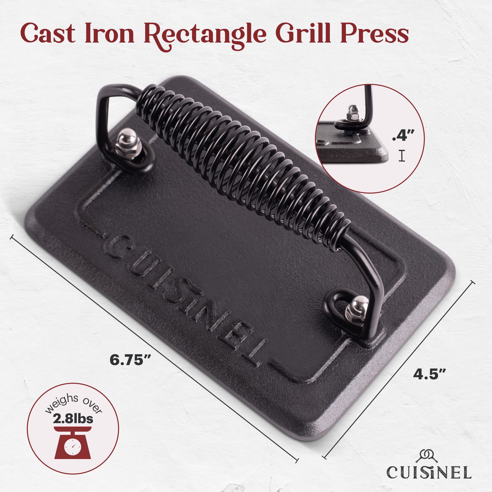 Prensa rectangular de hierro para grill Cuisinel, ideal para hamburguesas crujientes y cocción uniforme.