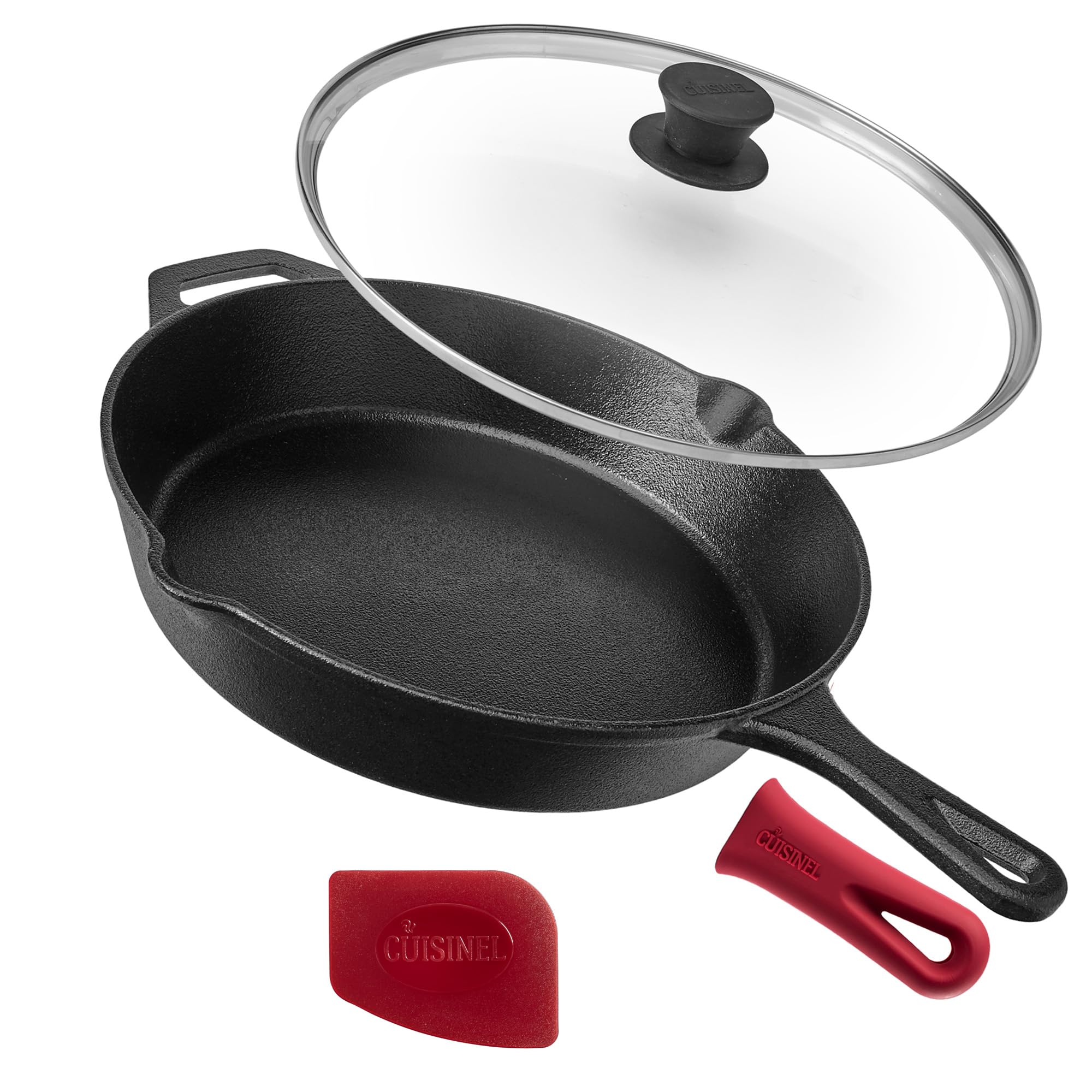 Sartén Cuisinel de hierro fundido 12” con tapa de vidrio para distribución uniforme del calor.