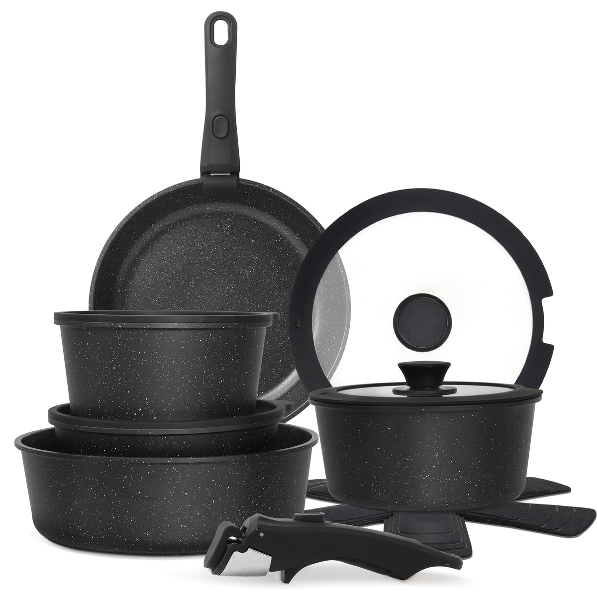 Cuisinluv: conjunto 15 piezas con mango desmontable, facilita mover y servir.