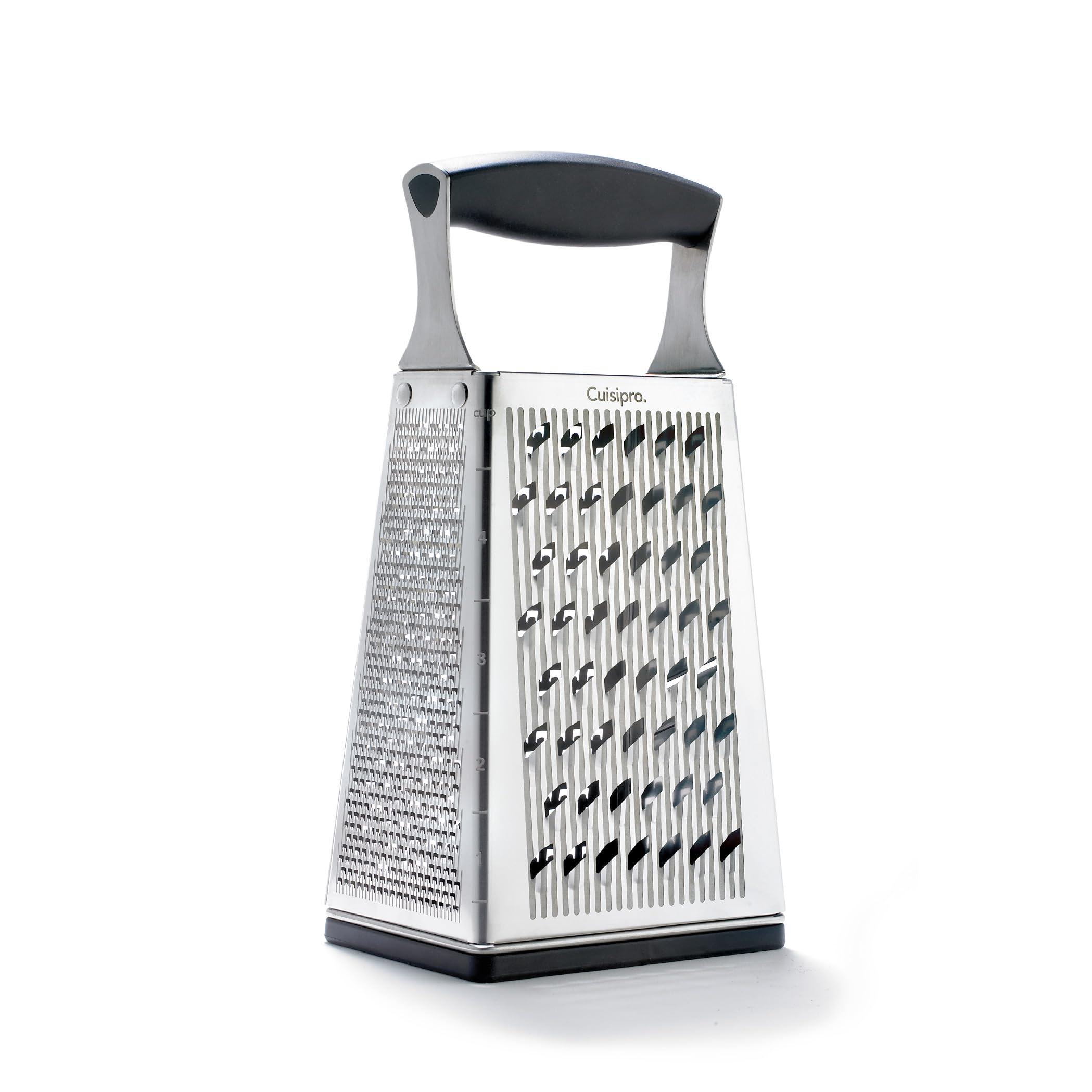 Rallador Cuisipro de acero inoxidable con mango ergonómico y 4 caras para quesos y verduras.