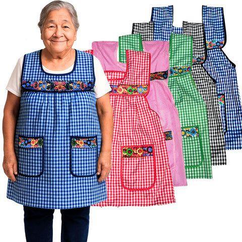 Cuitáxi delantal mexicano tradicional con bordado floral y bolsillos, ideal para la cocina diaria.