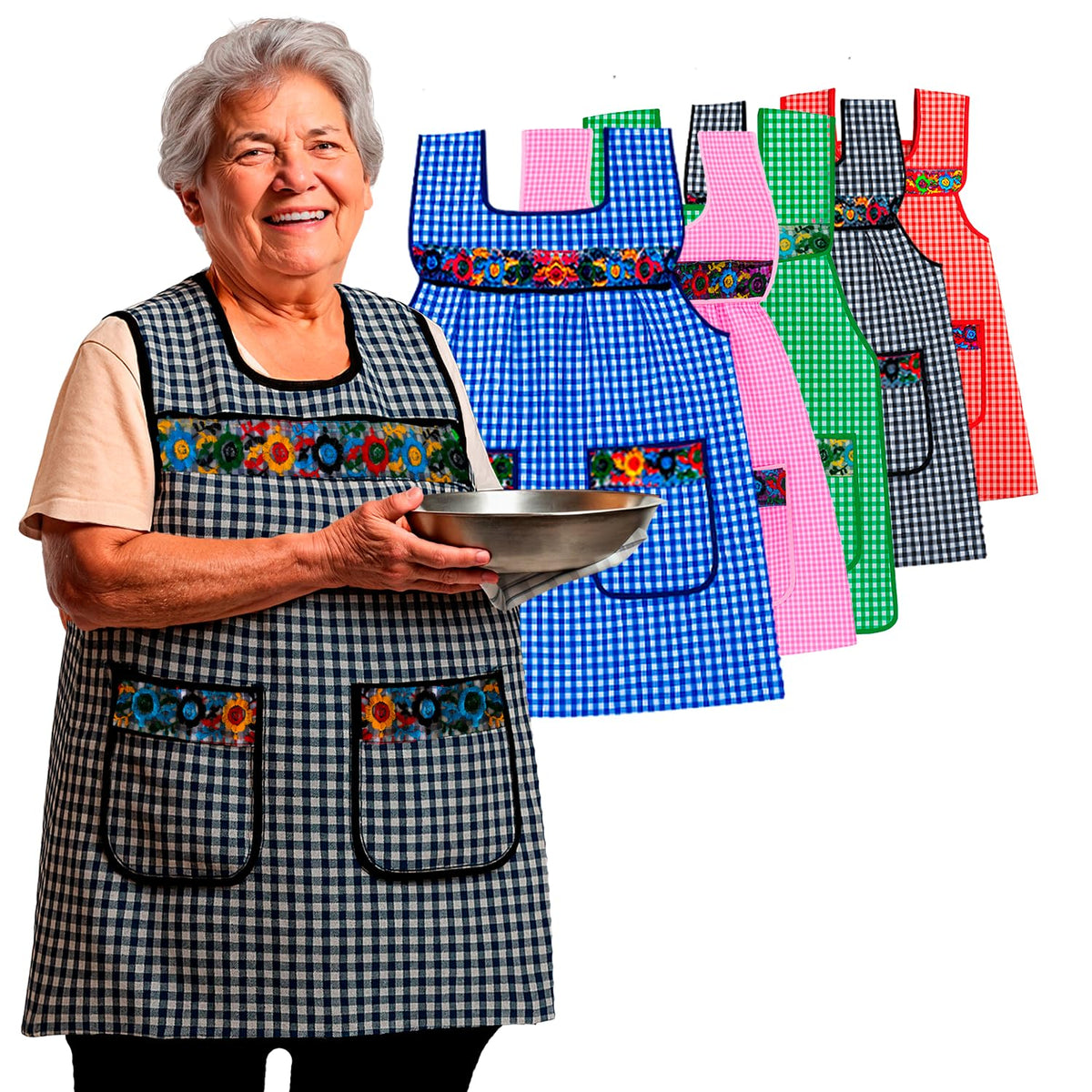 Cuitáxi delantal con bolsillos y bordado floral, ideal para cocinar con estilo.