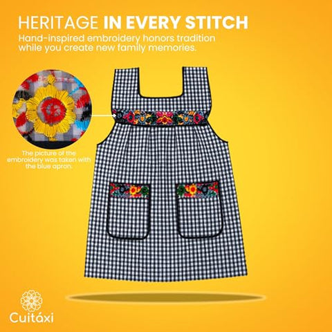 Cuitáxi delantal mujer frente bordado floral, añade elegancia al área de cocina.