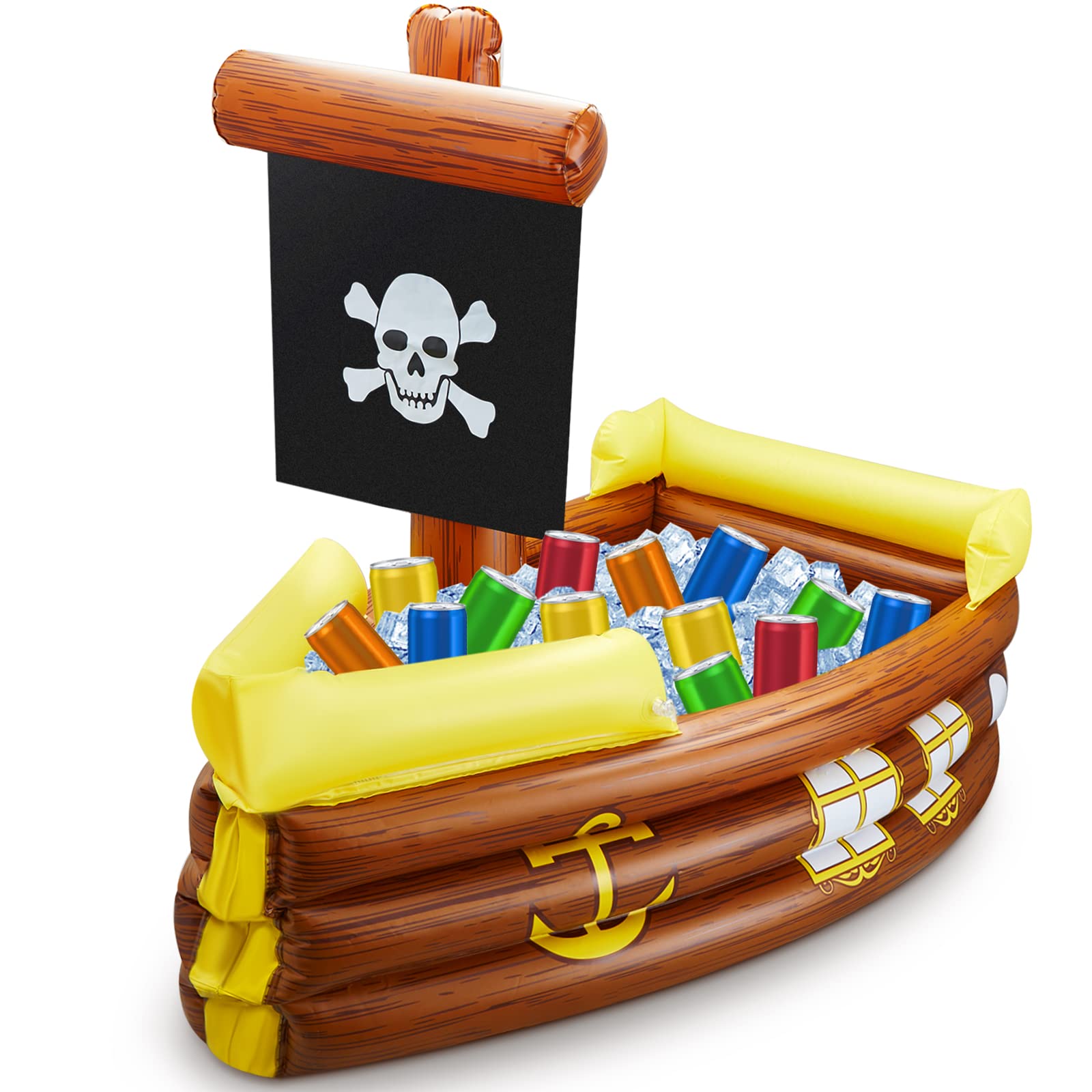 Cunhill Barco Pirata Inflable visto de frente, ideal para fiestas temáticas en piscina.