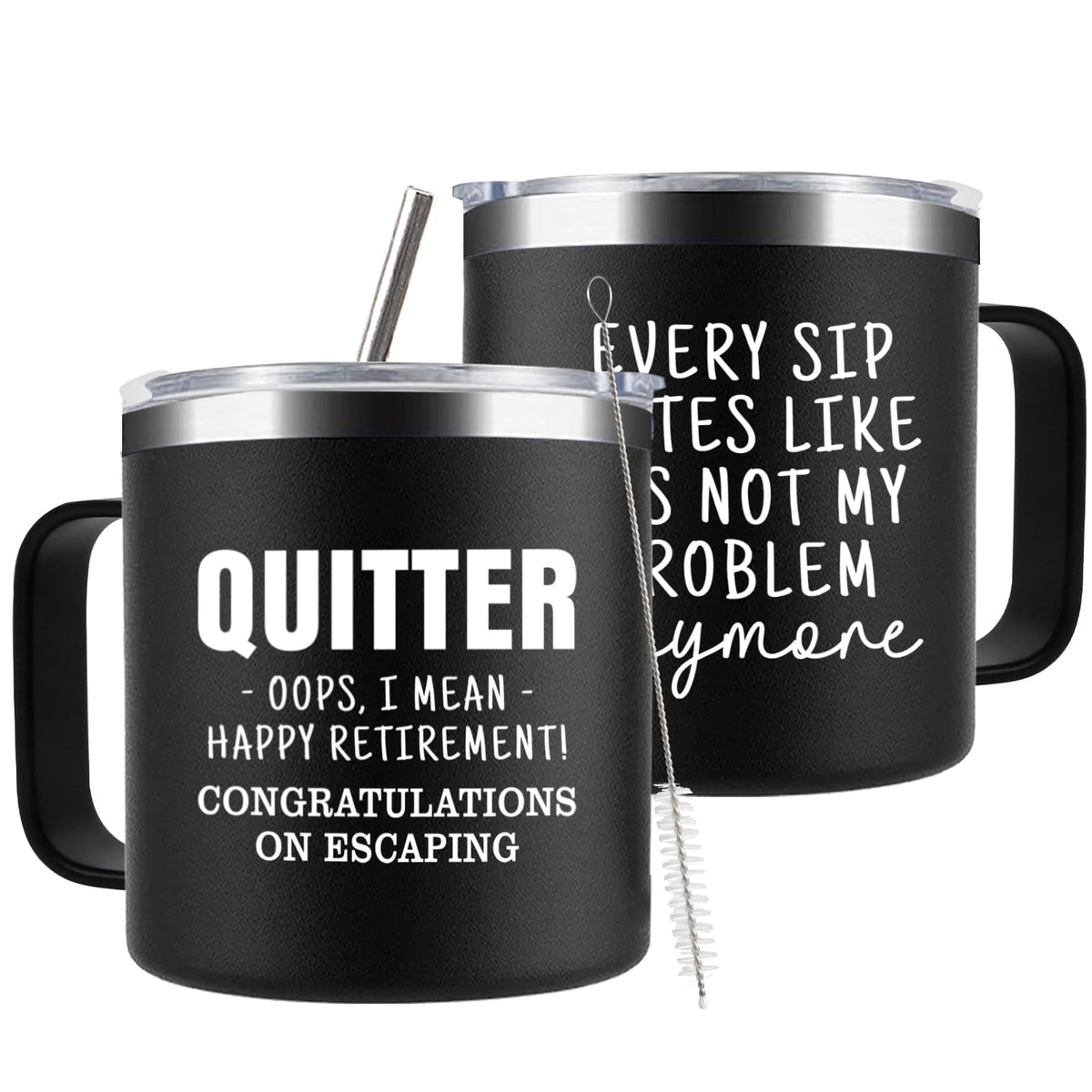 Taza CUPLOOV retiro con mango, ideal como regalo de oficina divertido.
