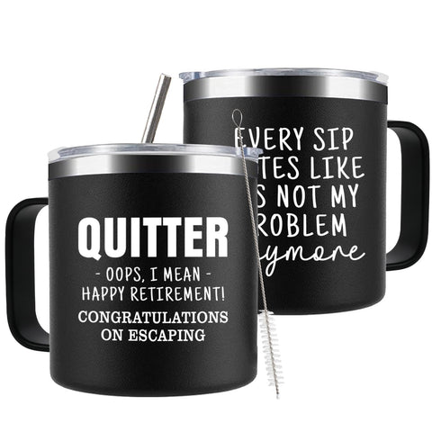 Taza CUPLOOV retiro con mango, ideal como regalo de oficina divertido.