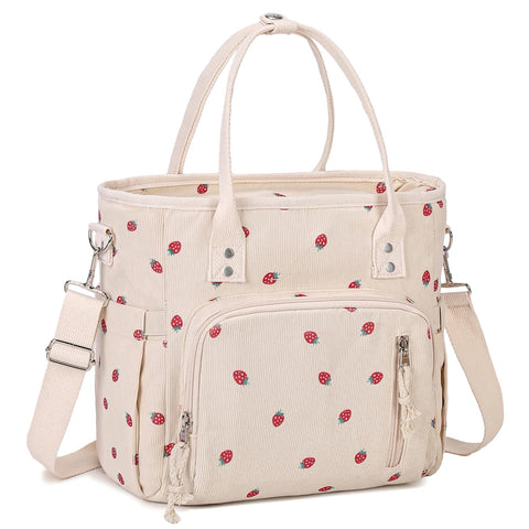 CuriBox bolsa de almuerzo con tela canalé beige fresa, estilo práctico para uso diario.