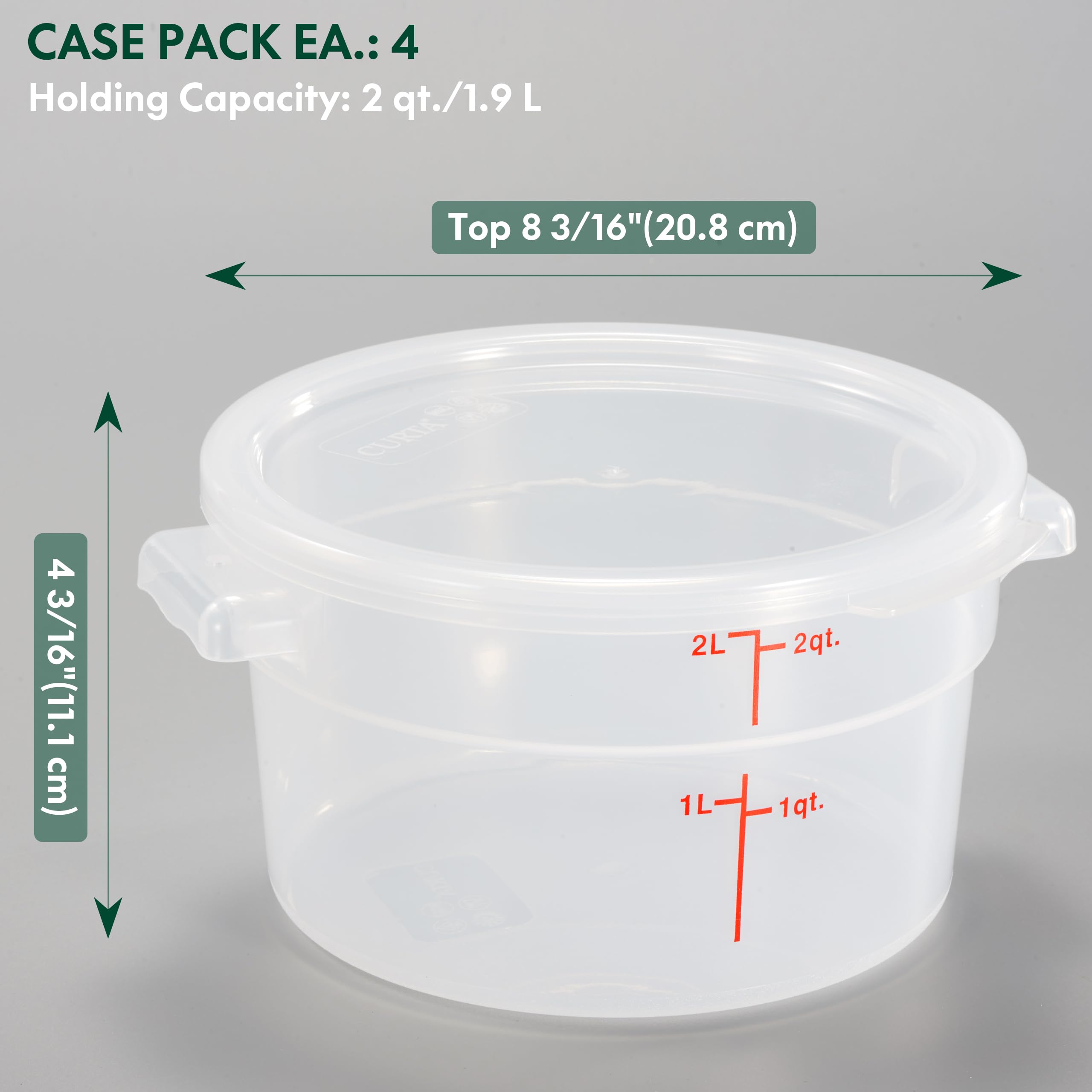 CURTA contenedor translúcido con asas integradas para transporte seguro en la cocina.