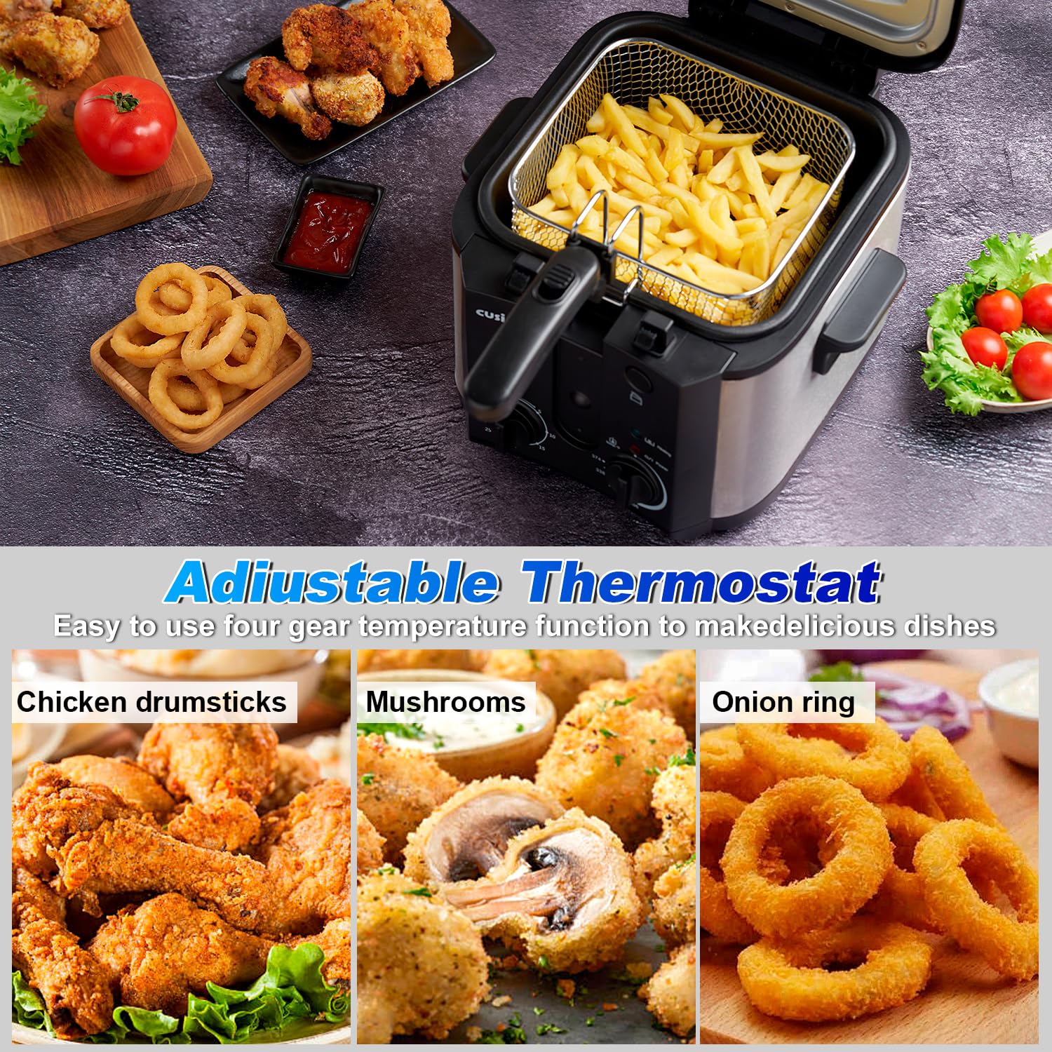 CUSIMAX freidora con temporizador ajustable para controlar tiempos.