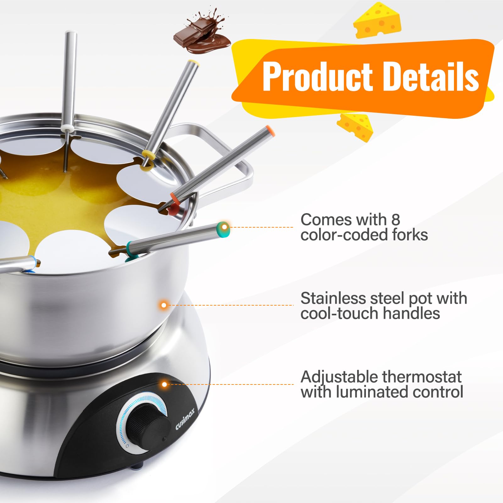 CUSIMAX fondue con 8 tenedores codificados por colores para servir a cada comensal.