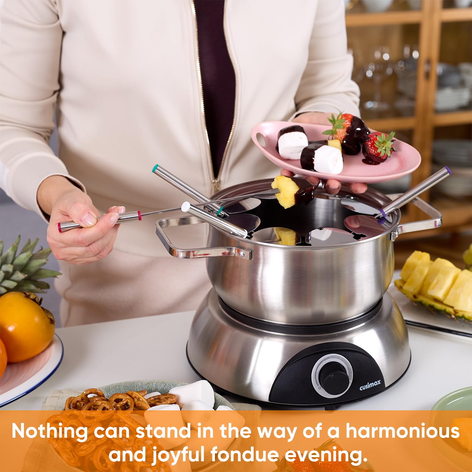 CUSIMAX fondue con ajuste de temperatura de 1500W para control preciso.