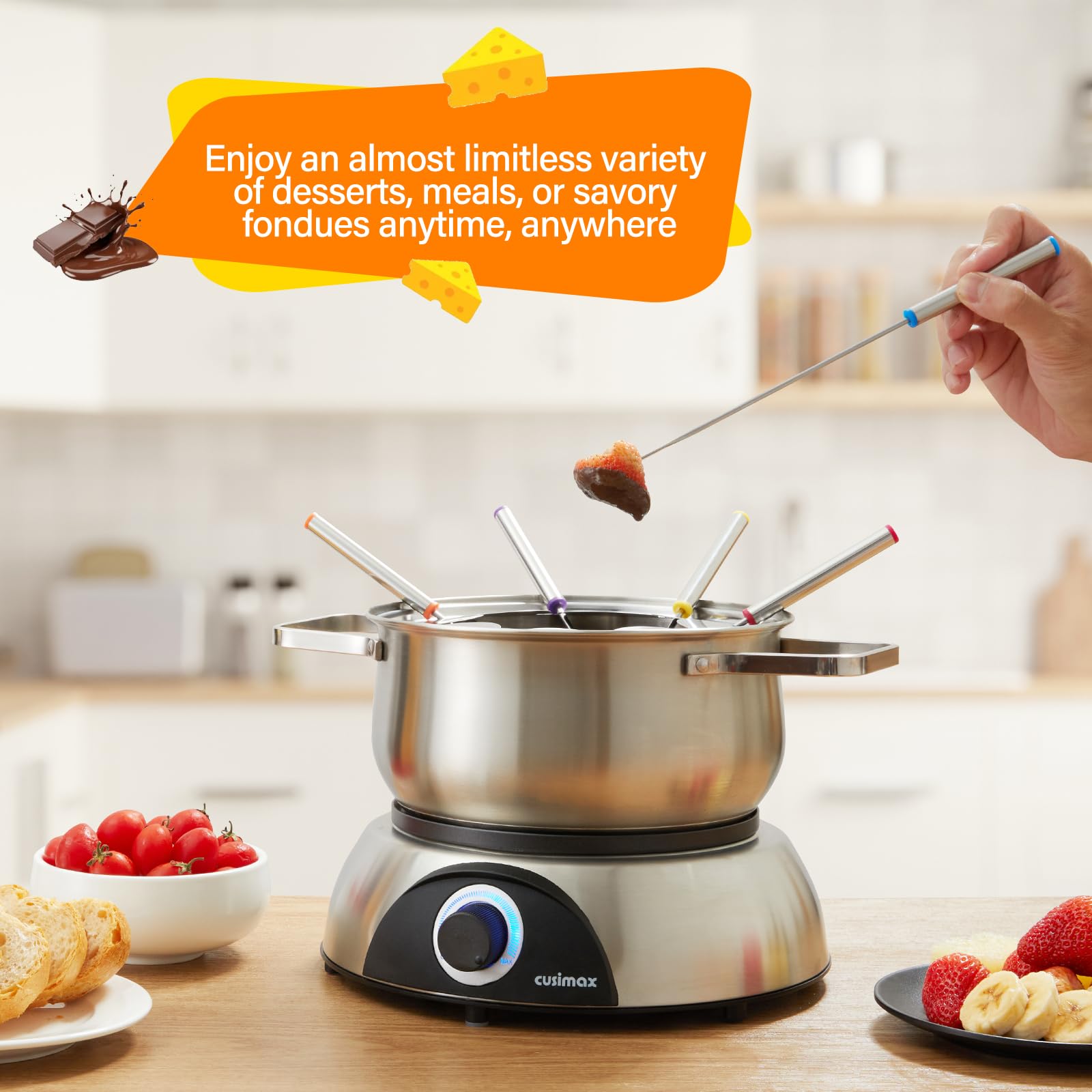 CUSIMAX fondue, capacidad 1-4 cuartos, para porciones generosas.
