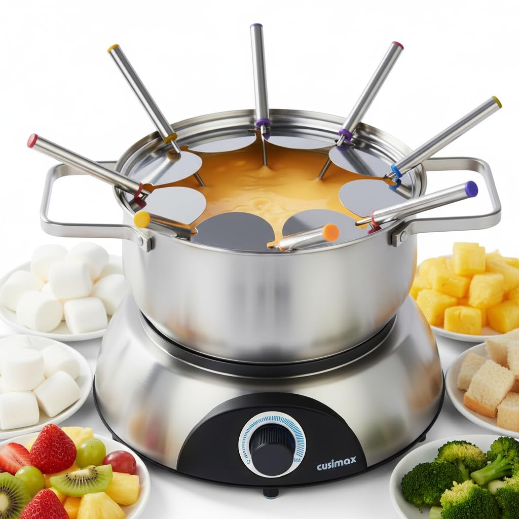 CUSIMAX fondue eléctrica con olla inoxidable, ideal para reuniones y postres.