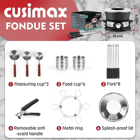 Copas fondue para seis porciones, ideales para compartir en reuniones.