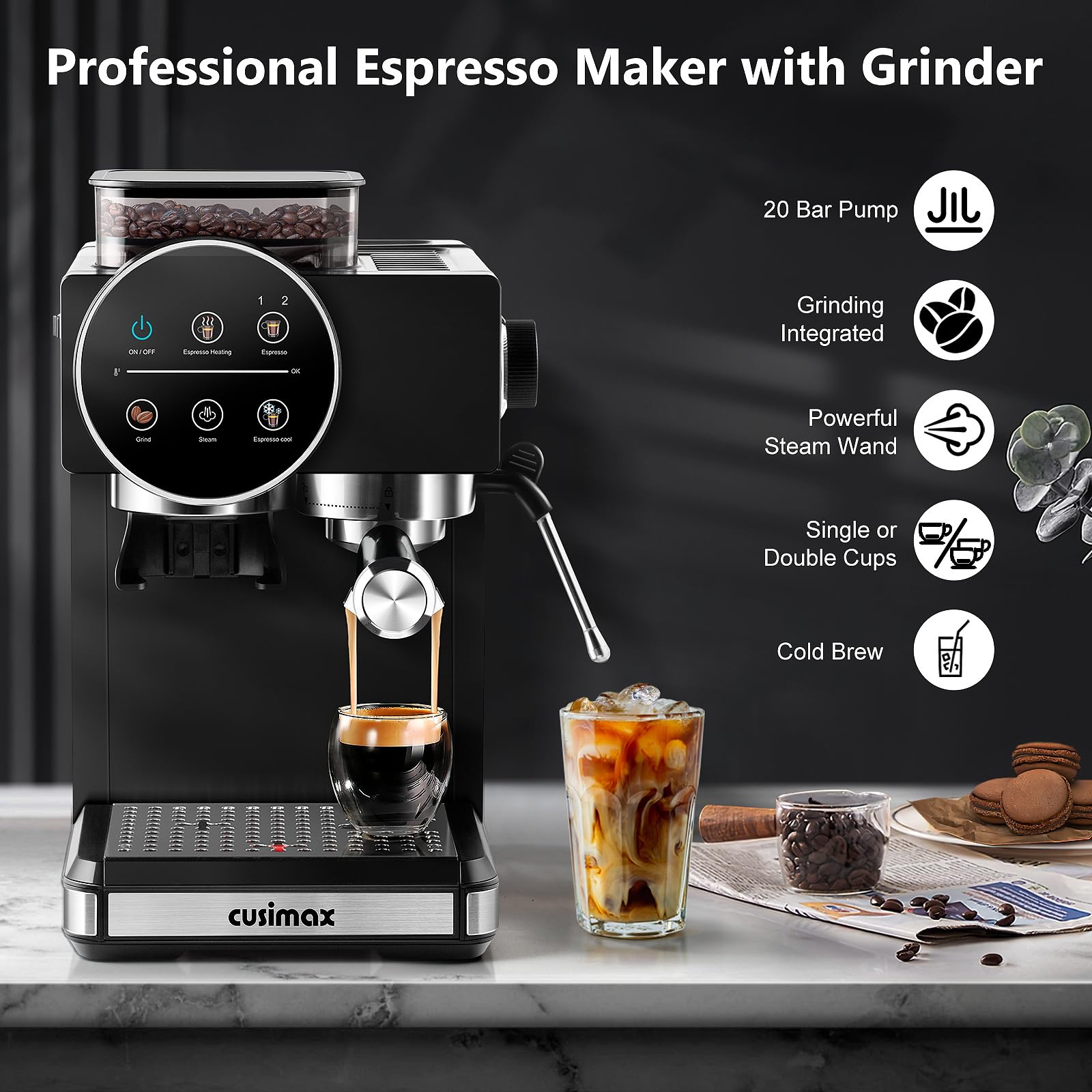 CUSIMAX Espresso: detalle del molinillo para molienda precisa.
