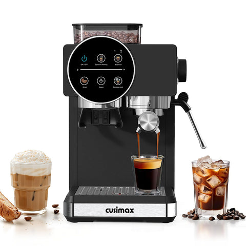 CUSIMAX Espresso: vista frontal de la máquina, diseño compacto para casa.