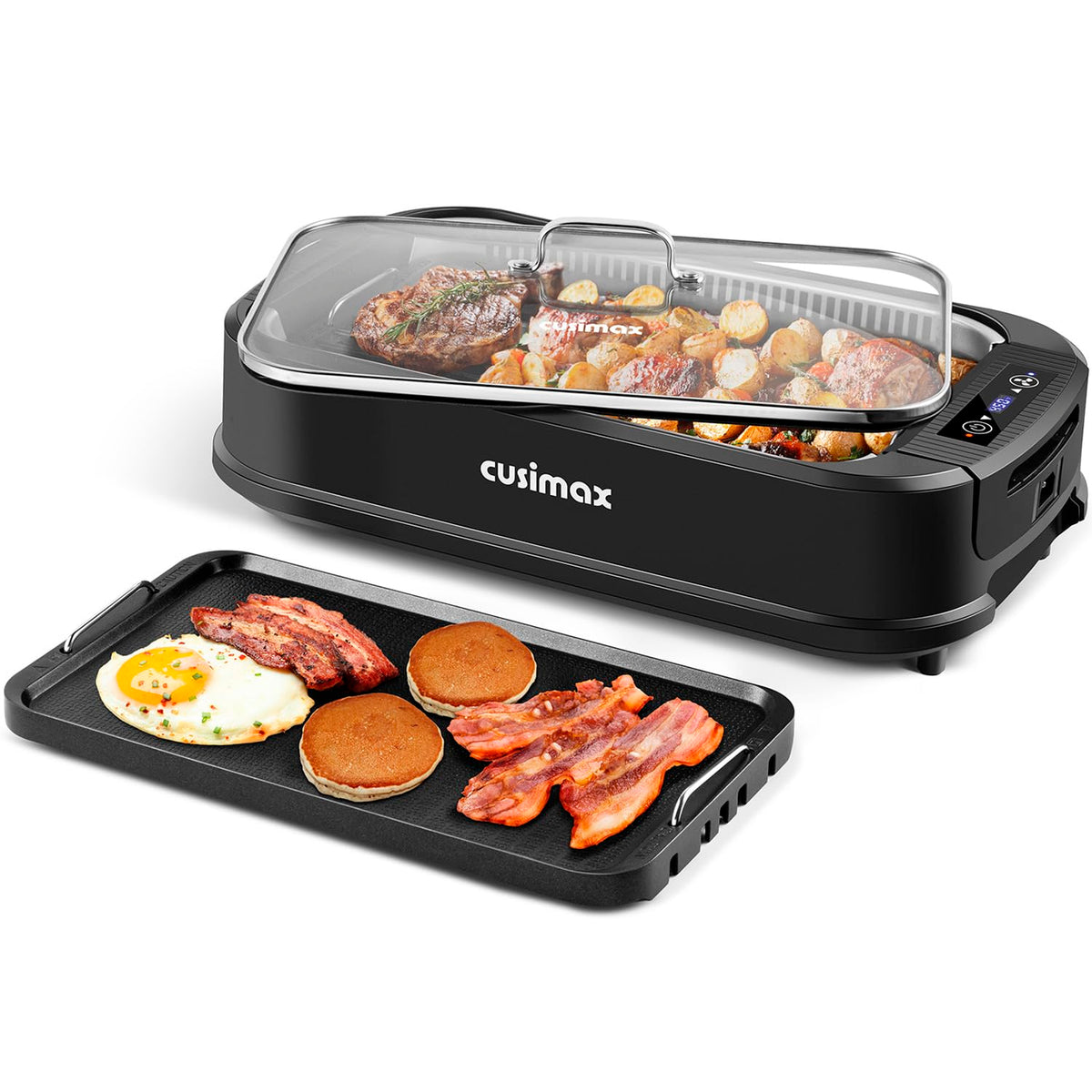 CUSIMAX parrilla interior con placa removible antiadherente para cocinar más limpio