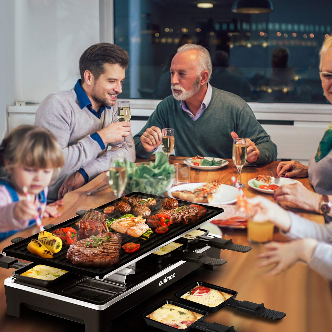 CUSIMAX Raclette: diseño portátil ideal para mesa y reuniones.