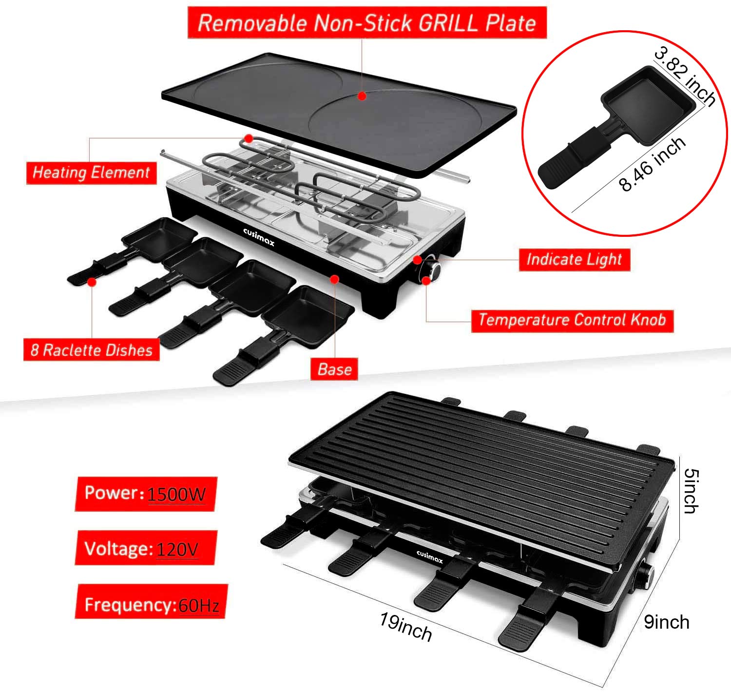 CUSIMAX Raclette: uso dos en uno para parrilla y crepes deliciosos.