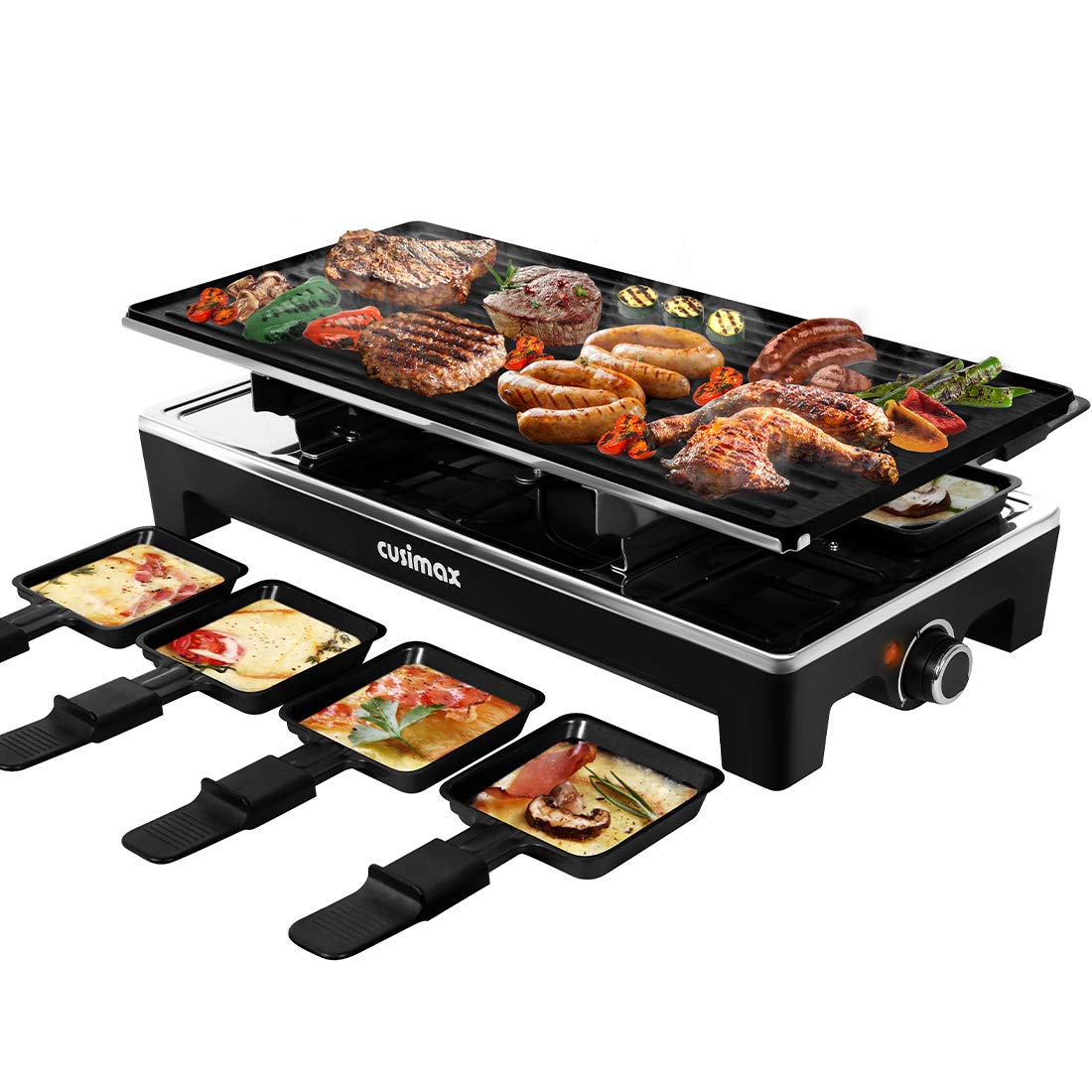 CUSIMAX Raclette: placa reversible antihaderente para cocinar y limpiar con facilidad.