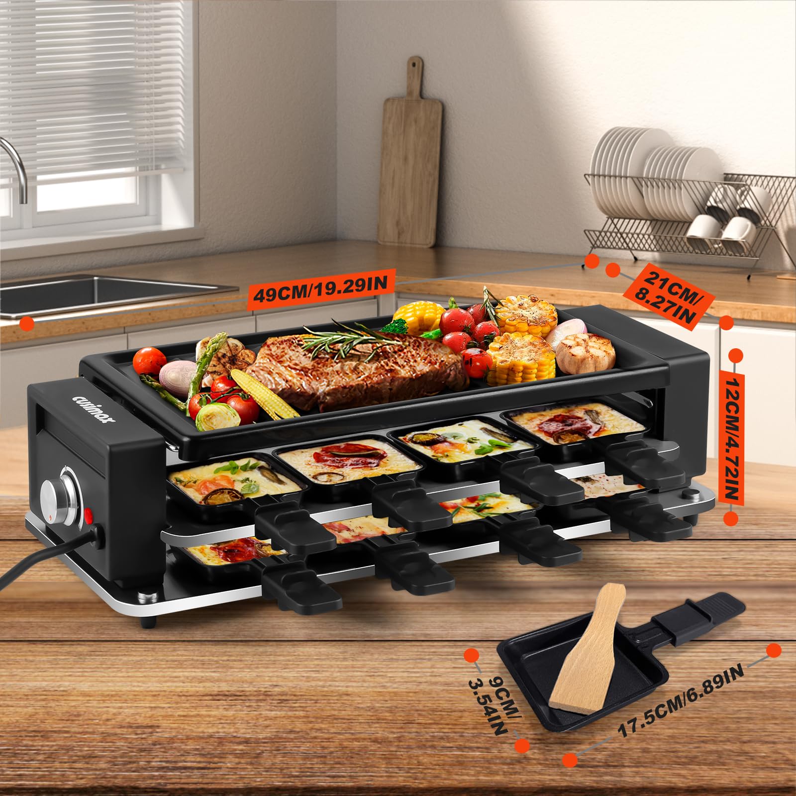 Cusimax Raclette: placa desmontable y bandejas fáciles de limpiar.