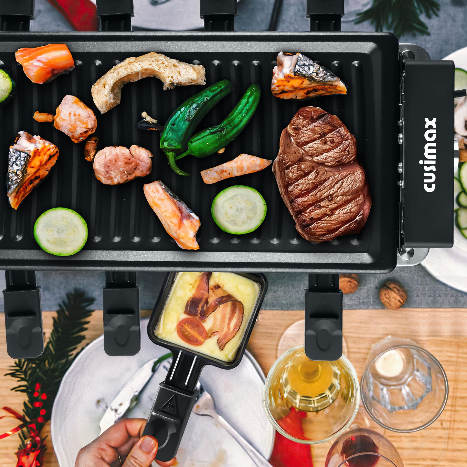 Cusimax Raclette: portátil para mesa, ideal en casa o al aire libre.