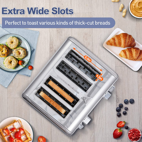 Ranuras extra anchas de 1,5 pulgadas para panes gruesos y croissants.