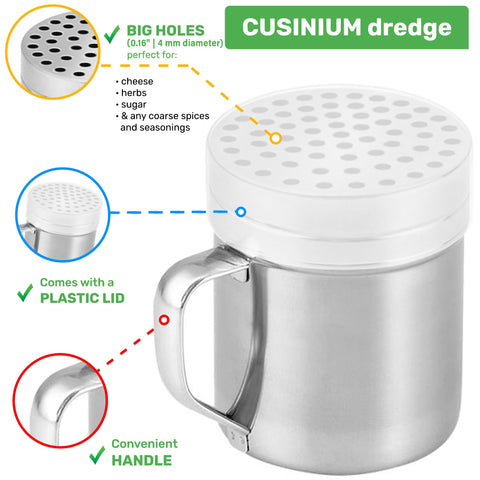 CUSINIUM dispensador parmesano con copos de chile para añadir sabor.