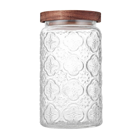 Custde tarro de cristal con tapa de madera, cierre hermético para conservar la frescura.